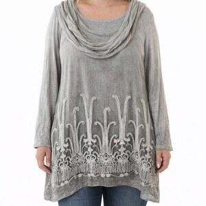 Soft Surroundings Gray Silk Tunic Blouse Ribbon Flowers Cowl Neck Size L NWT